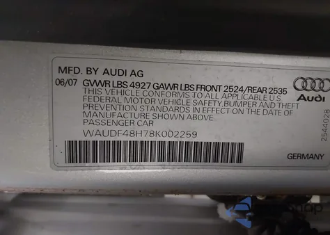 2008 Audi A4 2.0T z USA, uszkodzony, nr VIN WAUDF48H78K002259